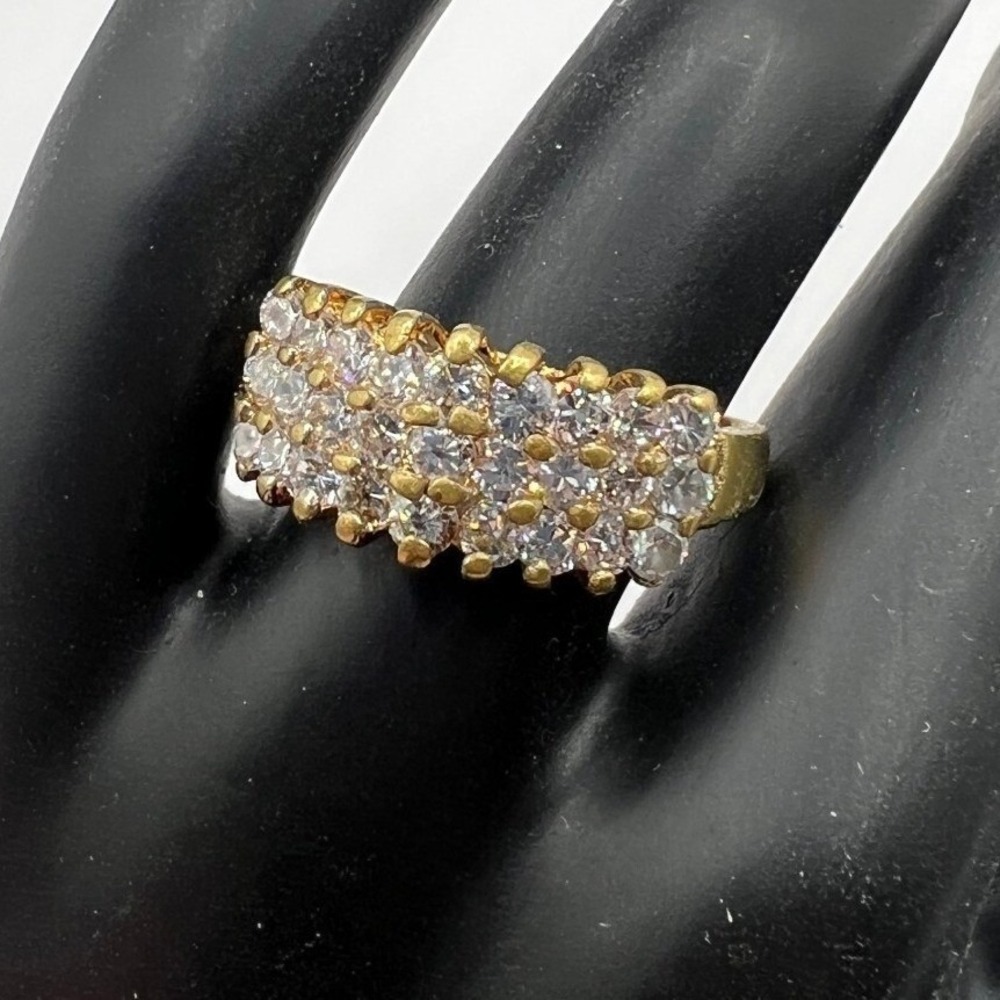 Vintage Womens Statement Ring Three Row Crystal Gold Tone Band Size 7 1/2